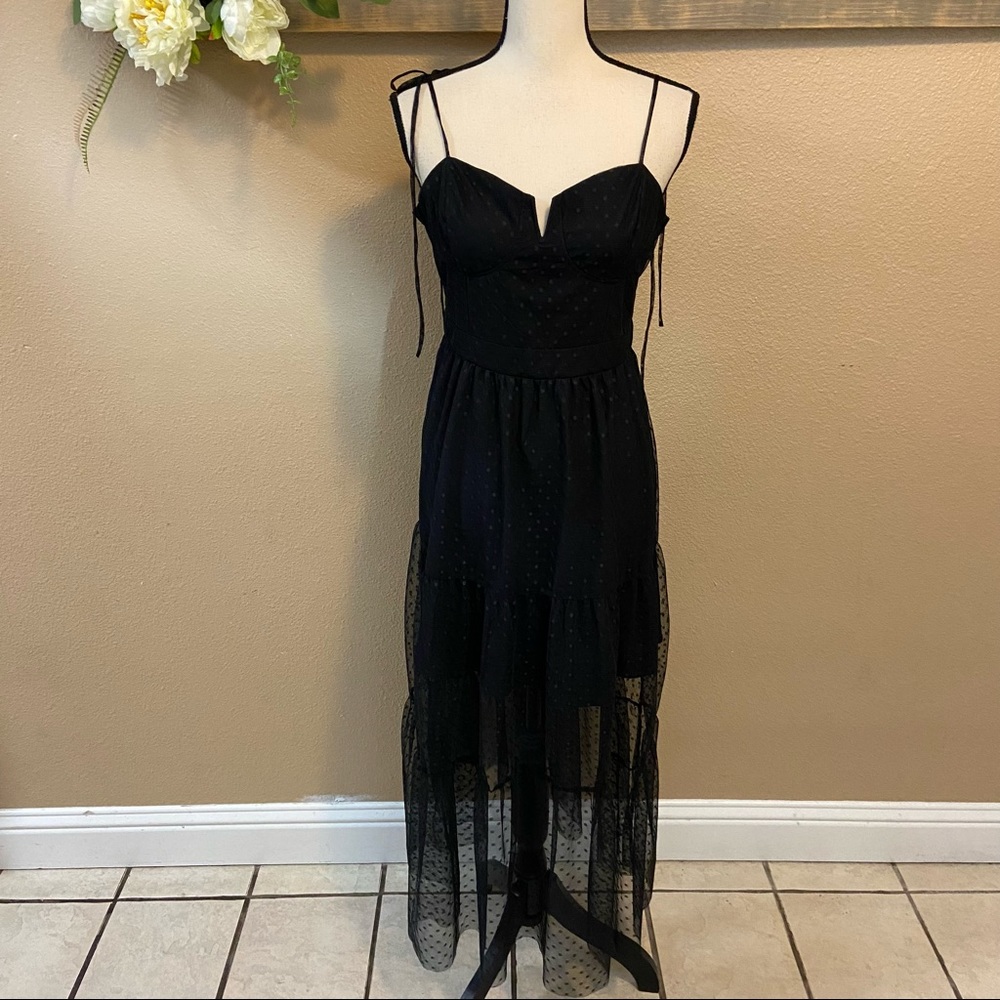 NWOT Lulus Romantic Spot Black Polka Dot Mesh Tiered Midi Dress - Picture 5 of 15